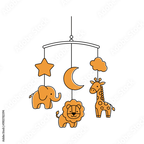 Baby Crib Mobile Animals Minimal Line Art Nursery Decor Vector