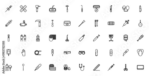 Medical Instruments icon set. Vector healthcare tools collection. Includes cannula, syringe, scalpel, stethoscope, bandage, thermometer and more. Editable thin line icons.