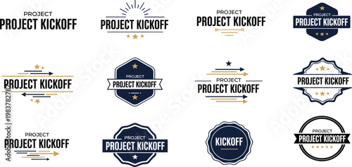 The image displays multiple variations of a project kickoff themed logo featuring stars and badge designs high quality professional detailed modern elegant stylish