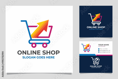 A sleek logo design for 'Online Shop', featuring a shopping cart and an upward arrow, representing e-commerce growth and modern shopping convenience for online buyers.