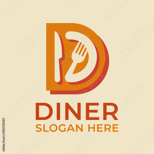 A bold and modern logo for a diner, featuring a stylized 'D' shape with fork and knife element, portraying the essence of dining and comfort food experiences.
