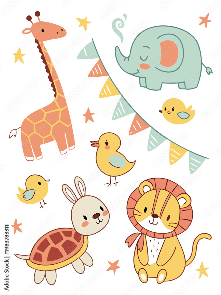 Naklejka premium Hand drawn cute animal collection for nursery wall art and kids party stationery design