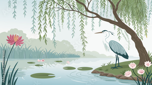 Heron standing by willow tree near pond with reeds and lily pads vector illustration

