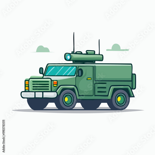 Green military armored vehicle illustration in flat design style.