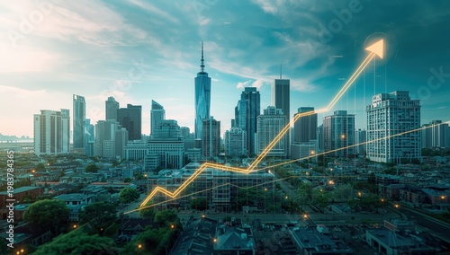 Real estate investment idea in an expanding housing market. Rising property values are indicated by higher mortgage rates, prices, and market growth.