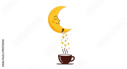 Dreamy Moon Pouring Golden Stars into Coffee Cup