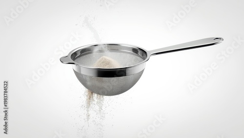 isolated metal flour sifter on white backdrop