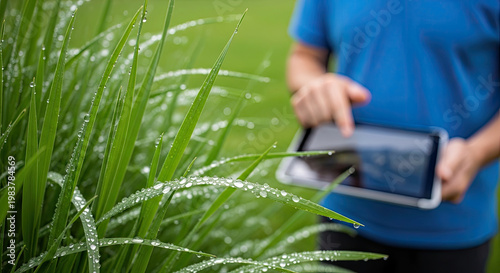 Lush green grass blades glistening with dewdrops in a tranquil garden setting captured with crisp detail focusing on nature's fresh beauty