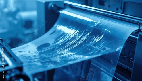 Machine for producing polyethylene bags with lighting. Close-up of the roller in a light blue setting. Packaging idea.