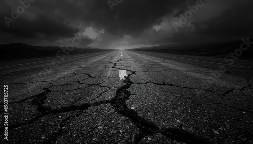 A close-up black-and-white view of a worn asphalt road leading to a shadowy horizon, displaying a rough texture with slight grayscale differences.
