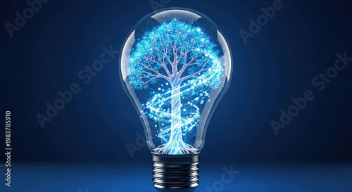 Lightbulb with digital tree and swirling data streams inside on blue backdrop conveys ideas of innovation technology and progress