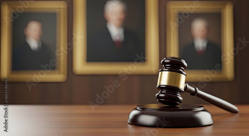 Gavel resting on sounding block with portraits of judges in gold frames courtroom law and justice concept dark wood grain table