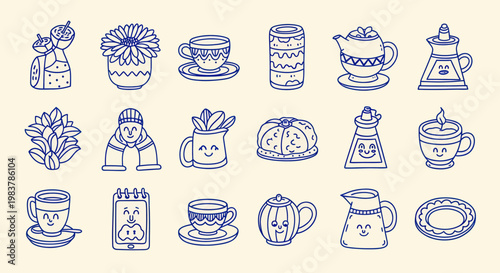 Collection of Hand-Drawn Ceramic Kitchenware and Decorative Items.