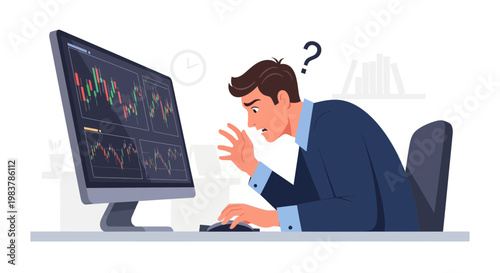 Confused businessman looking at stock market charts on computer screen, financial crisis concept