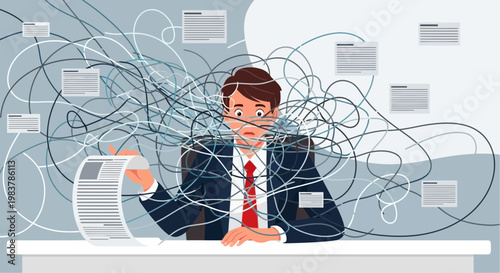 Confused businessman overwhelmed by tangled lines and documents, symbolizing stress and chaos