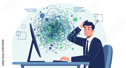 Confused businessman at computer with tangled thoughts and stress