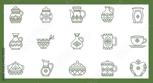 Collection of Hand-Drawn Ceramic Pottery and Utensils with Intricate Patterns.