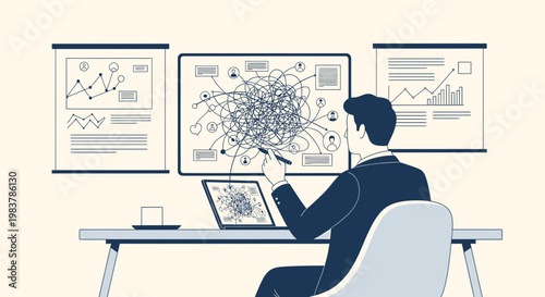 Businessman struggling with complex data visualization and problem-solving at his desk