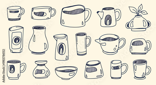 Collection of Hand-Drawn Ceramic Mugs and Cups in Various Shapes and Sizes.