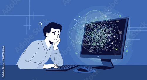 Confused man struggling with complex computer interface, digital overload concept