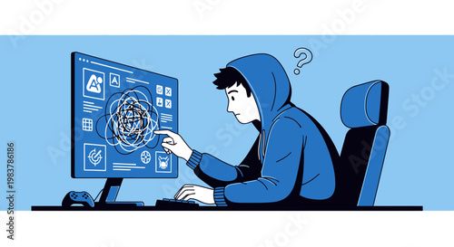 Confused programmer with hoodie looking at complex code on computer screen, digital art illustration