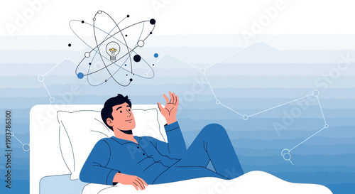 Man in Bed Thinking About Ideas and Science, Lightbulb Atom Concept