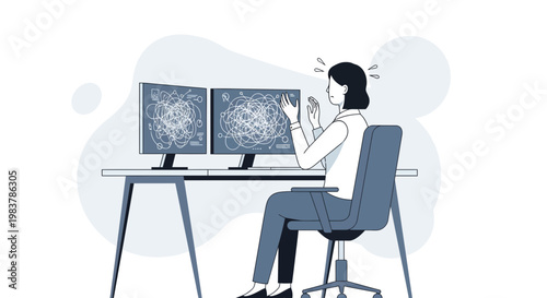 Frustrated woman overwhelmed by complex data on computer screens at desk