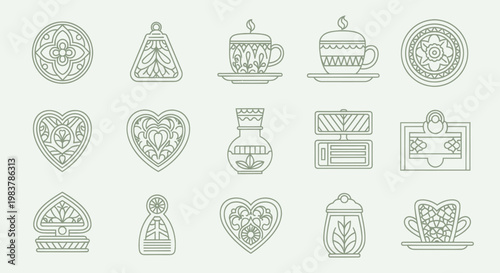 Collection of intricate line art designs featuring various decorative objects and patterns.