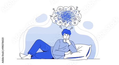 Man lying on bed with tangled thoughts and symbols in mind, feeling confused and stressed