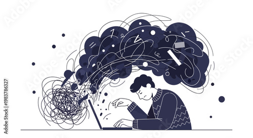 Man overwhelmed by complex thoughts and information overload from laptop screen