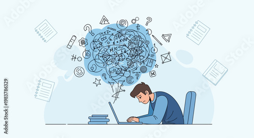 Man overwhelmed by complex thoughts and tasks, struggling with work on laptop