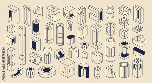Collection of Isometric 3D Geometric Shapes and Objects.