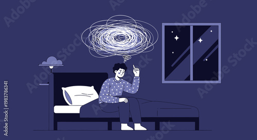 Man sitting on bed at night with anxious thoughts swirling in head