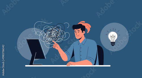Man struggling with complex problem on computer, finding solution with lightbulb idea