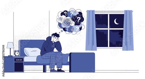 Man sitting on bed at night with question marks in thought bubble, insomnia concept