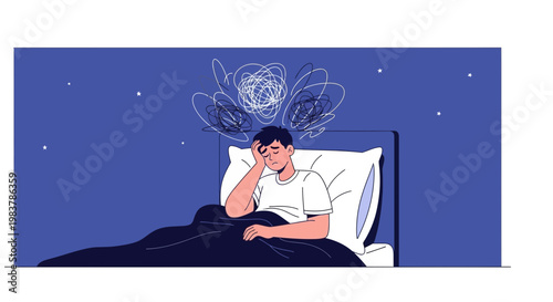 Man suffering from insomnia, anxiety, and stress lying awake in bed at night