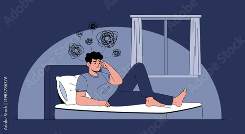 Man suffering from insomnia, lying awake in bed with anxious thoughts swirling