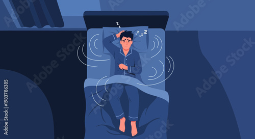 Man tossing and turning in bed, struggling to sleep, restless night, insomnia concept