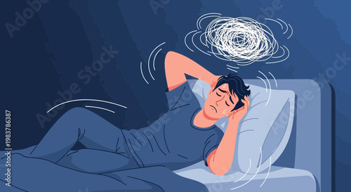 Man suffering from insomnia, anxiety, and stress lying in bed at night with tangled thoughts