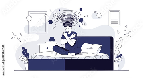 Man with anxiety, mental health issues, stress, and confusion sitting on bed