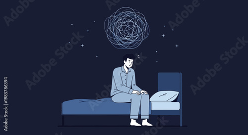 Man with insomnia sitting on bed, anxious thoughts swirling in head at night