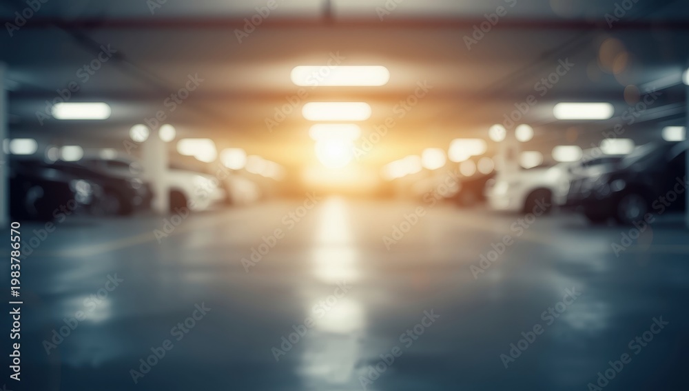 Fototapeta premium Fuzzy parking garage backdrop with indistinct building interior and bright bokeh for vehicle safety and insurance.