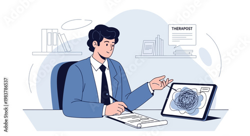 Therapist consulting with patient on tablet, mental health, psychological help, counseling