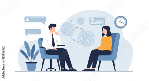 Therapy session: psychologist talking to patient, mental health, conversation, support, clock