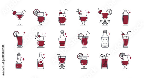 Collection of Red Cocktails and Drinks Icons.