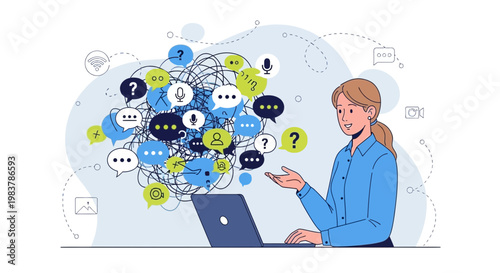 Woman Communicating Online with Chaotic Information Overload from Laptop