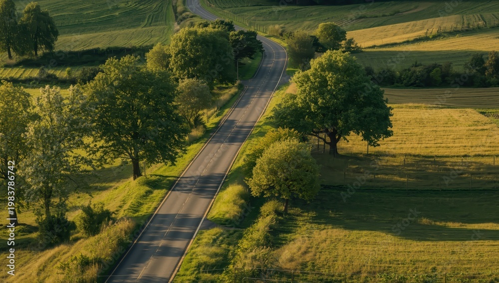 Obraz premium A bird's-eye perspective reveals a deserted rural road flanked by trees in England's farming area.