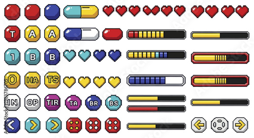 Collection of Retro Pixel Art Game Icons and UI Elements.