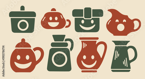 Collection of Smiling Kitchenware and Utensils in Retro Style.