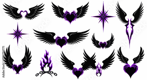 Obraz na plátně Collection of stylized black wings with purple hearts and stars, gothic design elements